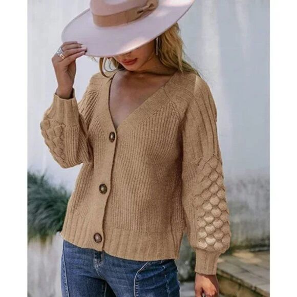 Camel Chunky Cable Knit Button Down Oversized Long Sleeve Sweater Cardigan Top - Picture 2 of 7